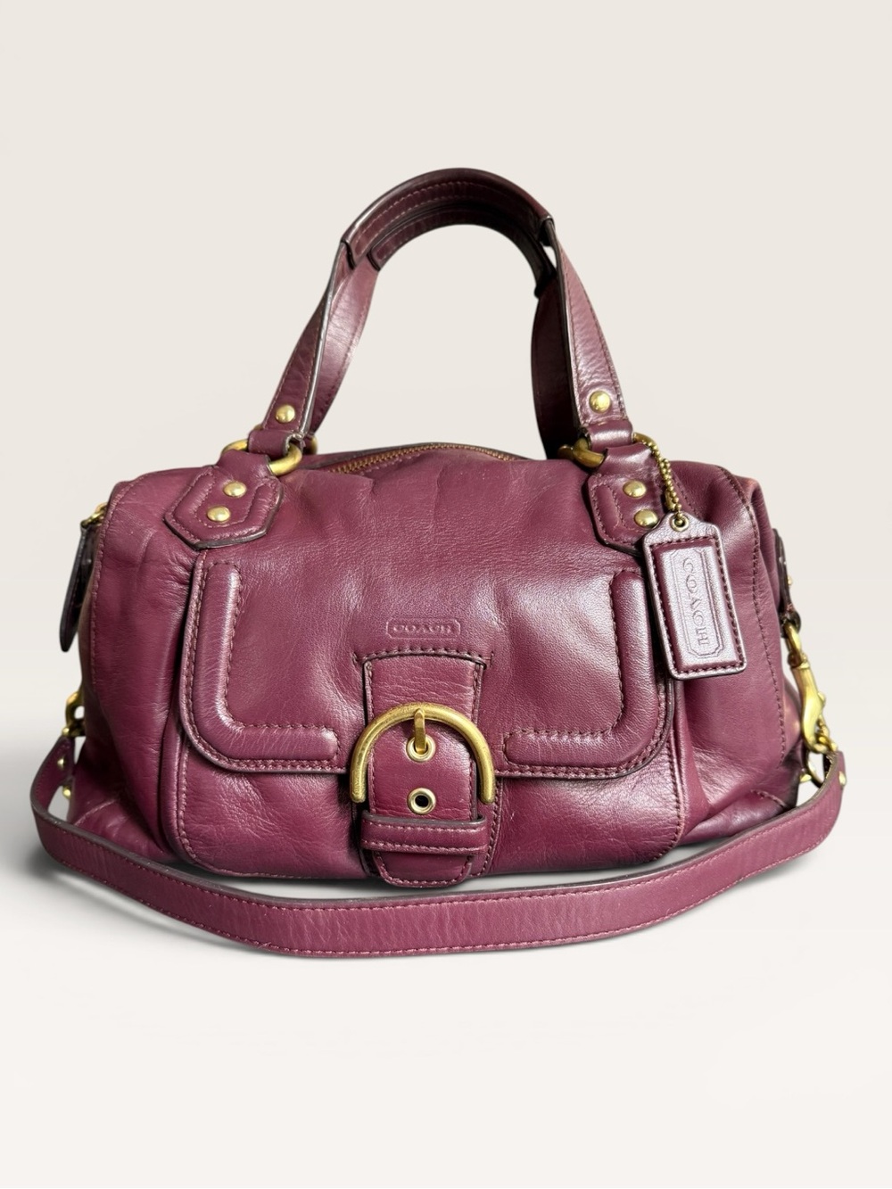 Coach Campbell Pebbled Leather Satchel in Plum with Gold Hardware